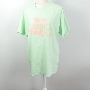 Fan Joy We're Still Young Neon Green and Orange Smiley Face Graphic Tee Large